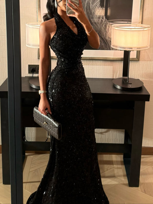 Black Sequin Halter Neck Mermaid Gown | Full Sparkle Maxi Evening Dress