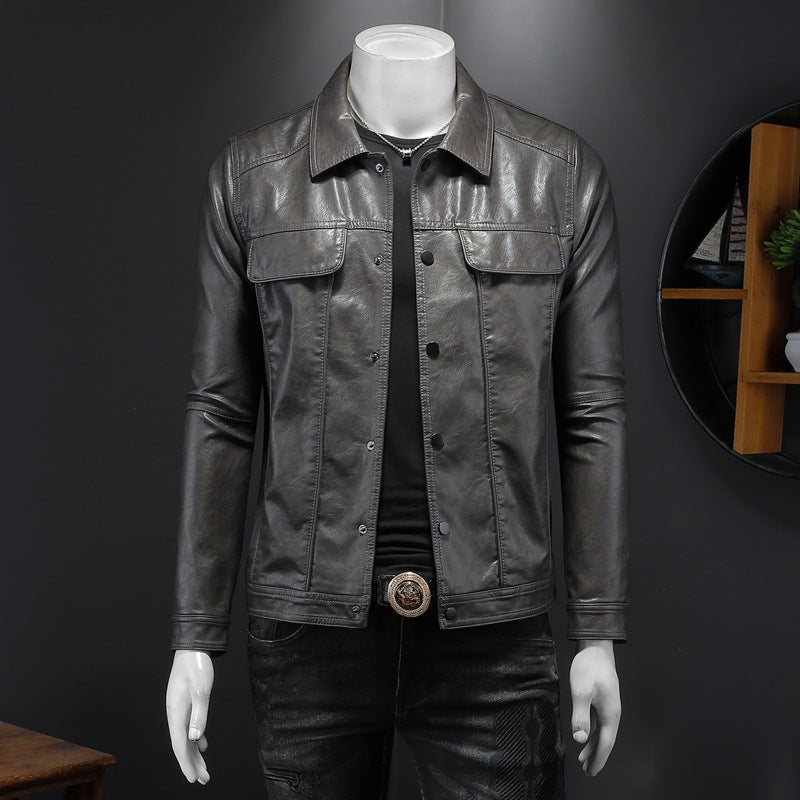 Men's Motorcycle PU Leather Jacket - Long Sleeve Lapel Coat
