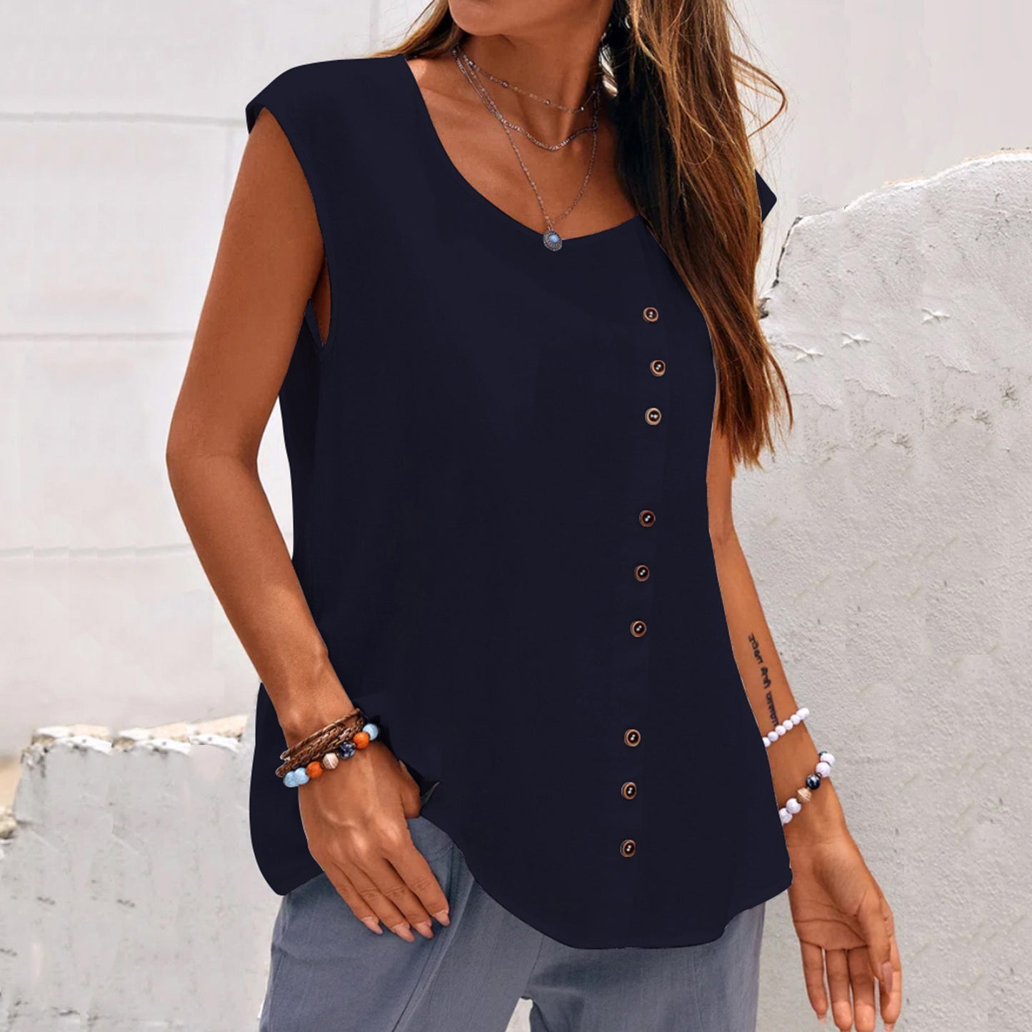 Women's Linen Blend Sleeveless Top - Asymmetric Button Detail