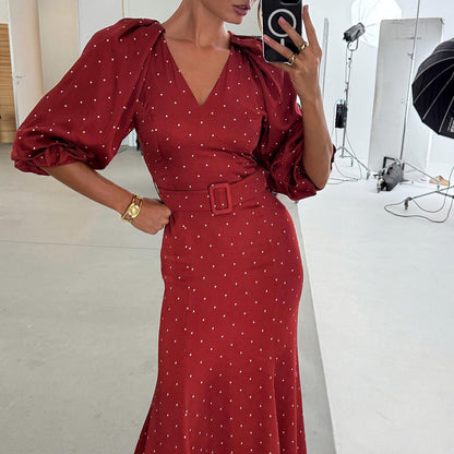 French Style V-Collar Polka Dot Satin Dress - High Waist Fishtail Skirt Long Dress