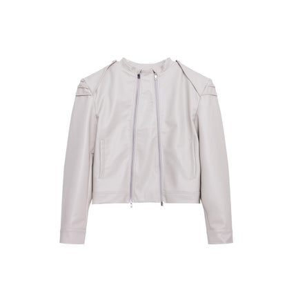 Double Zipper Split Design PU Leather Jacket - Stand Collar Loose Fit Coat
