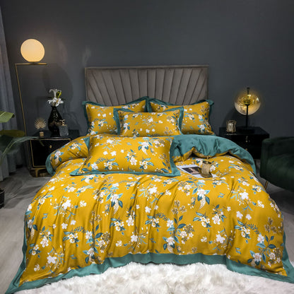 Double-Sided Ice Silk 4-Piece Bedding Set - Tencel Reactive Printed with Quilt Cover, Sheet, and 2 Pillowcases