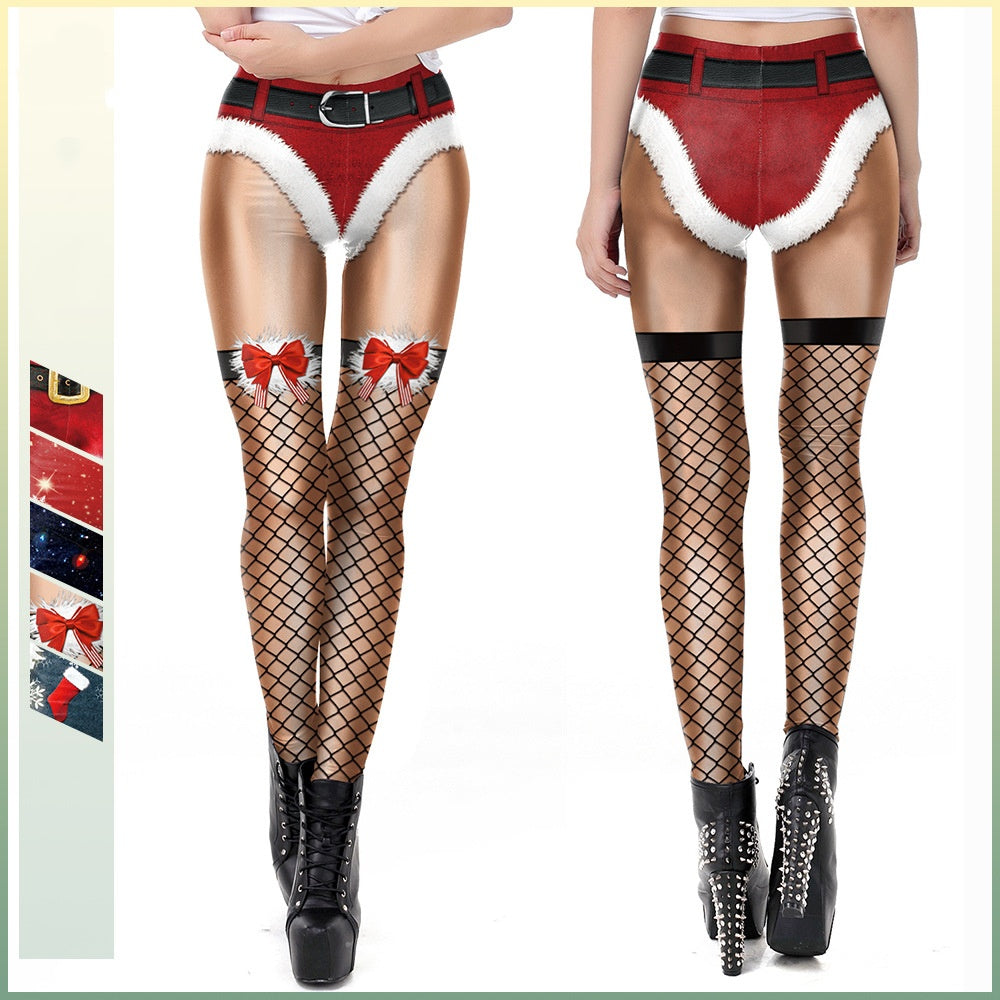 Women's Festive Print Stretch Leggings - Glossy Polyester Fitted Pants