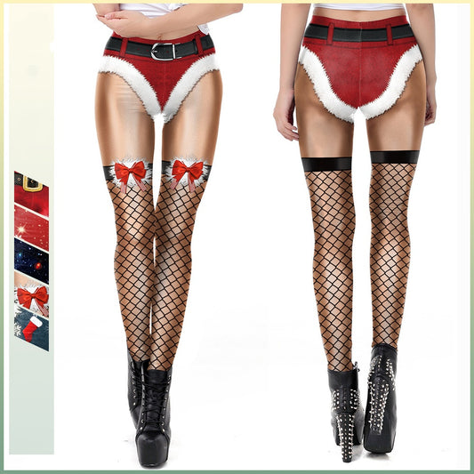 Women's Festive Print Stretch Leggings - Glossy Polyester Fitted Pants