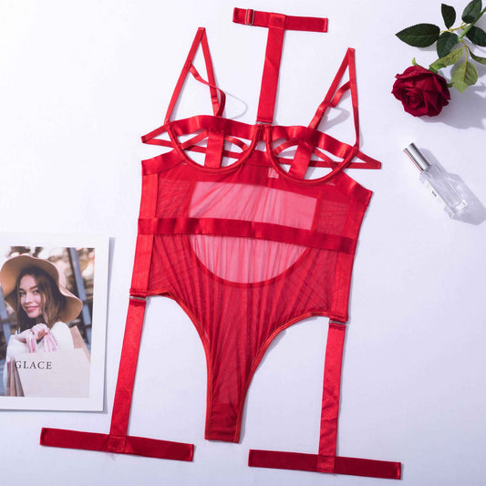 Women's Lace Bodysuit with Halter Neck and Garter - One-Piece Lingerie Set