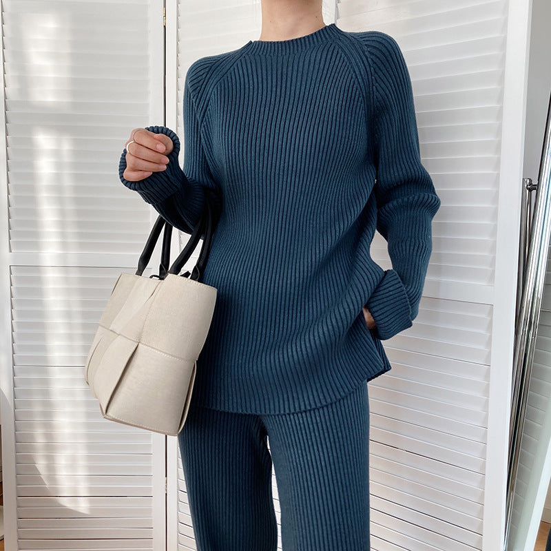 Women's Two-Piece Knitted Wide Leg Pants Set - Casual Sweater and Trousers Outfit