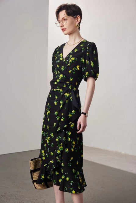 Silk Dress with Lace Print - Short Sleeve A-line