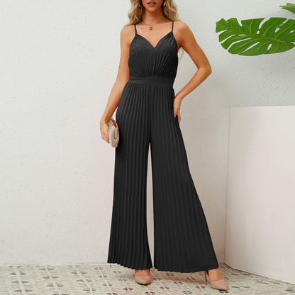 V-Neck Pleated Jumpsuit - Loose Fit Suspender Wide Leg Pants