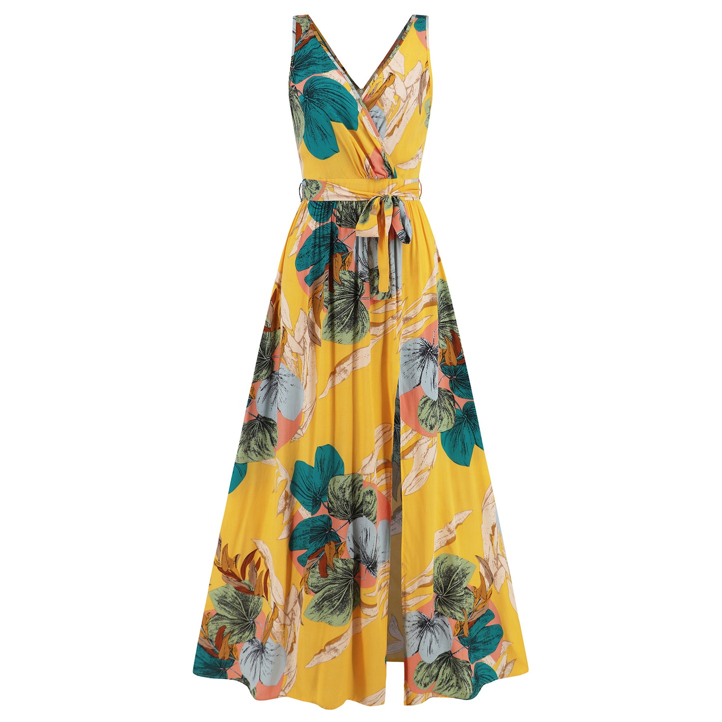V-Neck Floral Print Maxi Dress - Sleeveless Summer Dress with Waist Tie and Slit