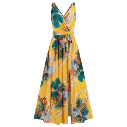 V-Neck Floral Print Maxi Dress - Sleeveless Summer Dress with Waist Tie and Slit