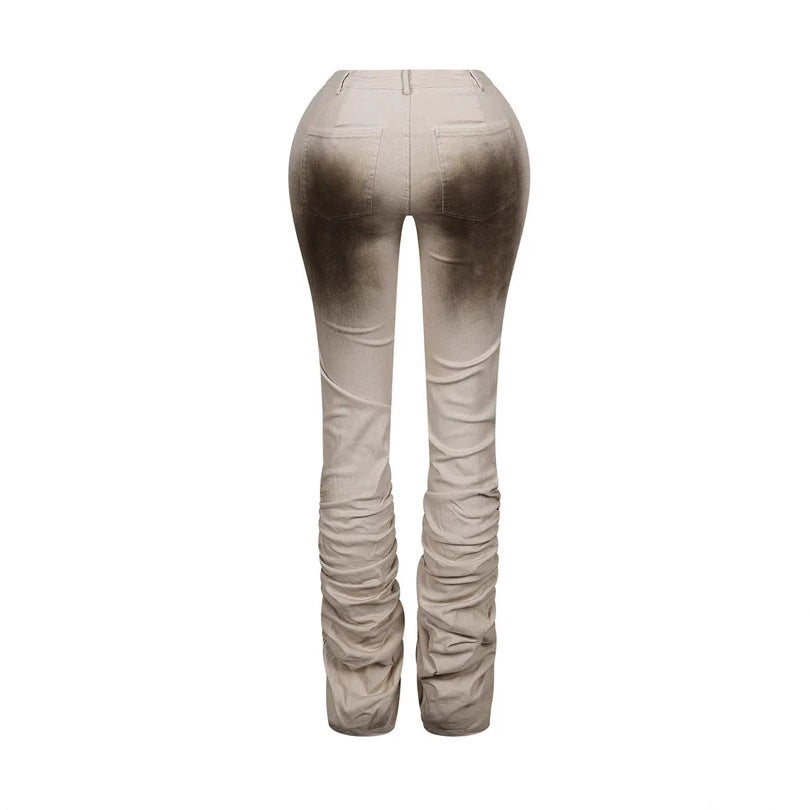 Women's Slim-Fit Distressed Retro Stacked Pants - Mid-Rise Viscose Trousers