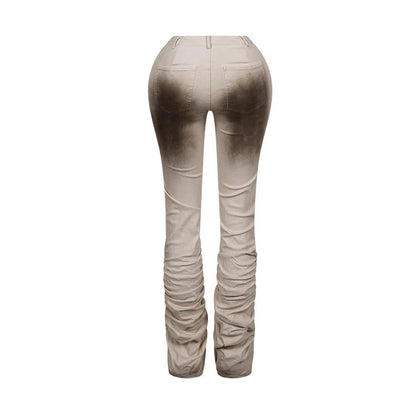 Women's Slim-Fit Distressed Retro Stacked Pants - Mid-Rise Viscose Trousers