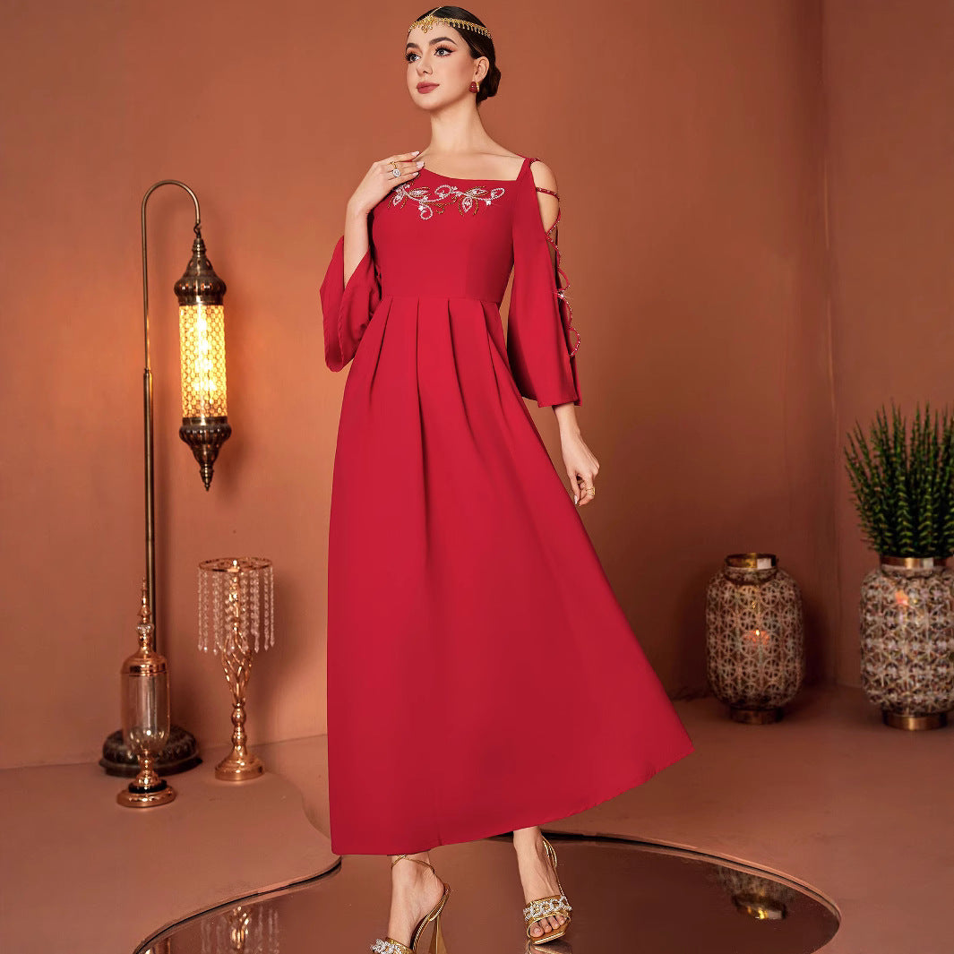 Women's Off-the-Shoulder Maxi Dress – Hand-Sewn Crystal Embellishment Evening Gown