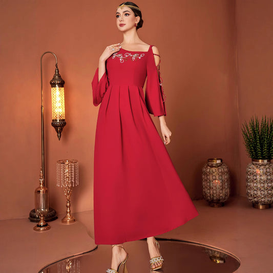 Women's Off-the-Shoulder Maxi Dress – Hand-Sewn Crystal Embellishment Evening Gown