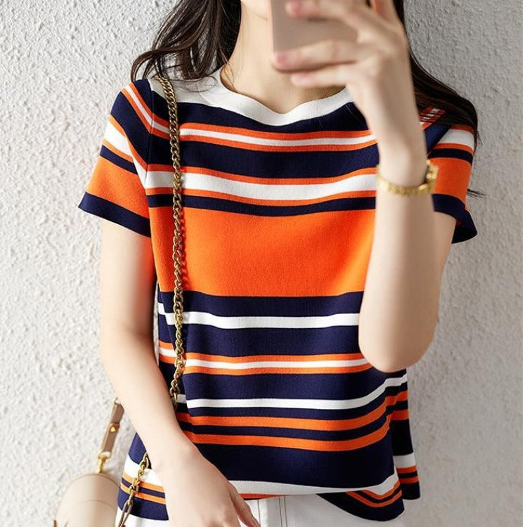 Women's Color-Block Striped Knit Top - Loose Fit Crew Neck Sweater