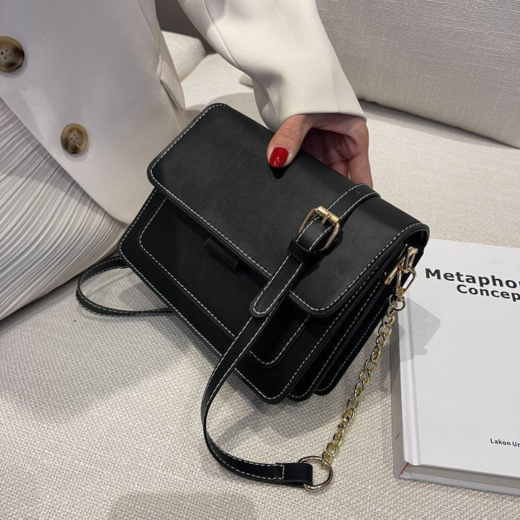 PU Leather Chain Shoulder Bag - Small Square Crossbody with Wide Strap