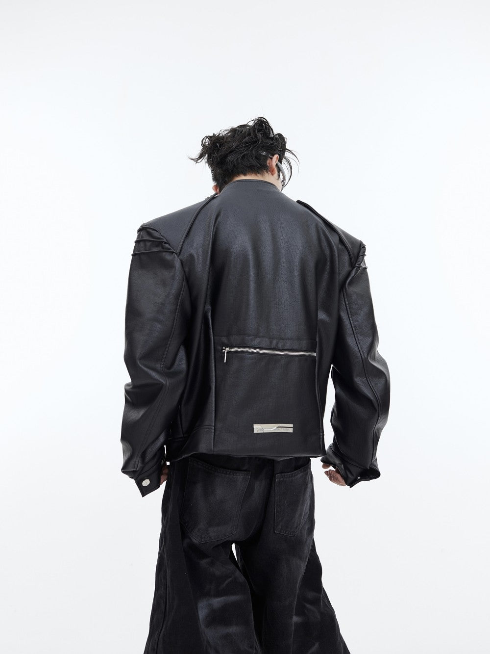 Double Zipper Split Design PU Leather Jacket - Stand Collar Loose Fit Coat