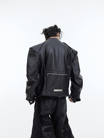 Double Zipper Split Design PU Leather Jacket - Stand Collar Loose Fit Coat