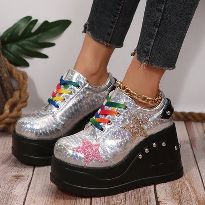 Punk Style Platform Shoes - Women's High Heel Rivet Detail Casual Shoes