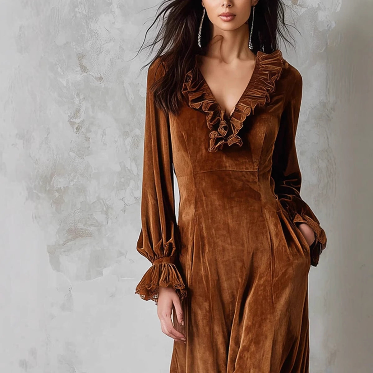 Women's Velvet Ruffle Dress with V-Neck - High Waist Long Sleeve Bell Sleeve Dress