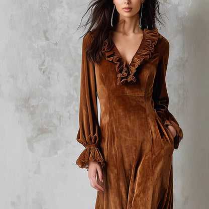 Women's Velvet Ruffle Dress with V-Neck - High Waist Long Sleeve Bell Sleeve Dress