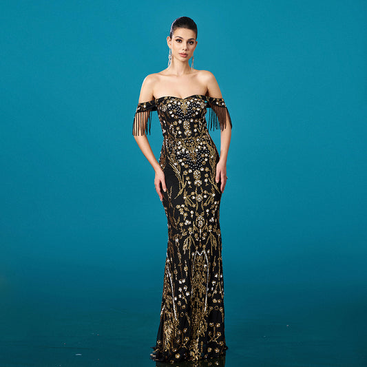 Women's Black & Gold Sequin Tassel Off-Neck Fishtail Evening Dress