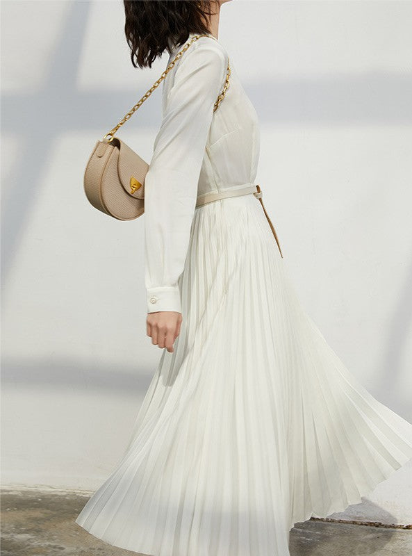 Premium Silk Patchwork Pleated Dress - Elegant Color Block Design