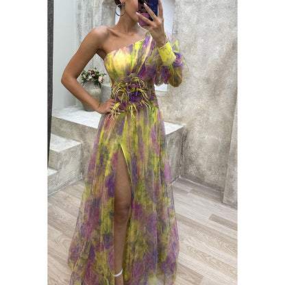 Women's Mesh Tie-Dye Printed Off-Shoulder Slit Maxi Dress - Summer Party Dress