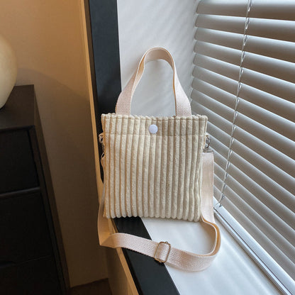 Corduroy Bucket Bag - Solid Color Crossbody Shoulder Bag with 3D Pocket