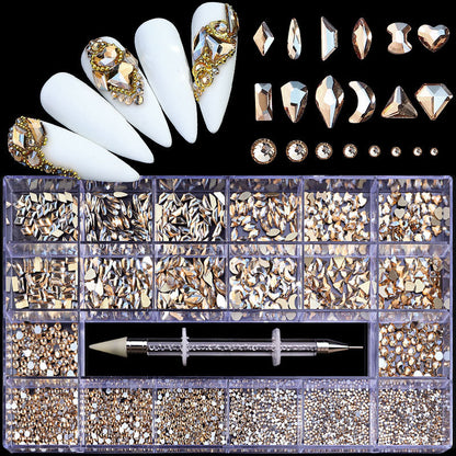 21-Grid Nail Rhinestone Decoration Set - Flat Glass Acrylic Nail Art Jewelry