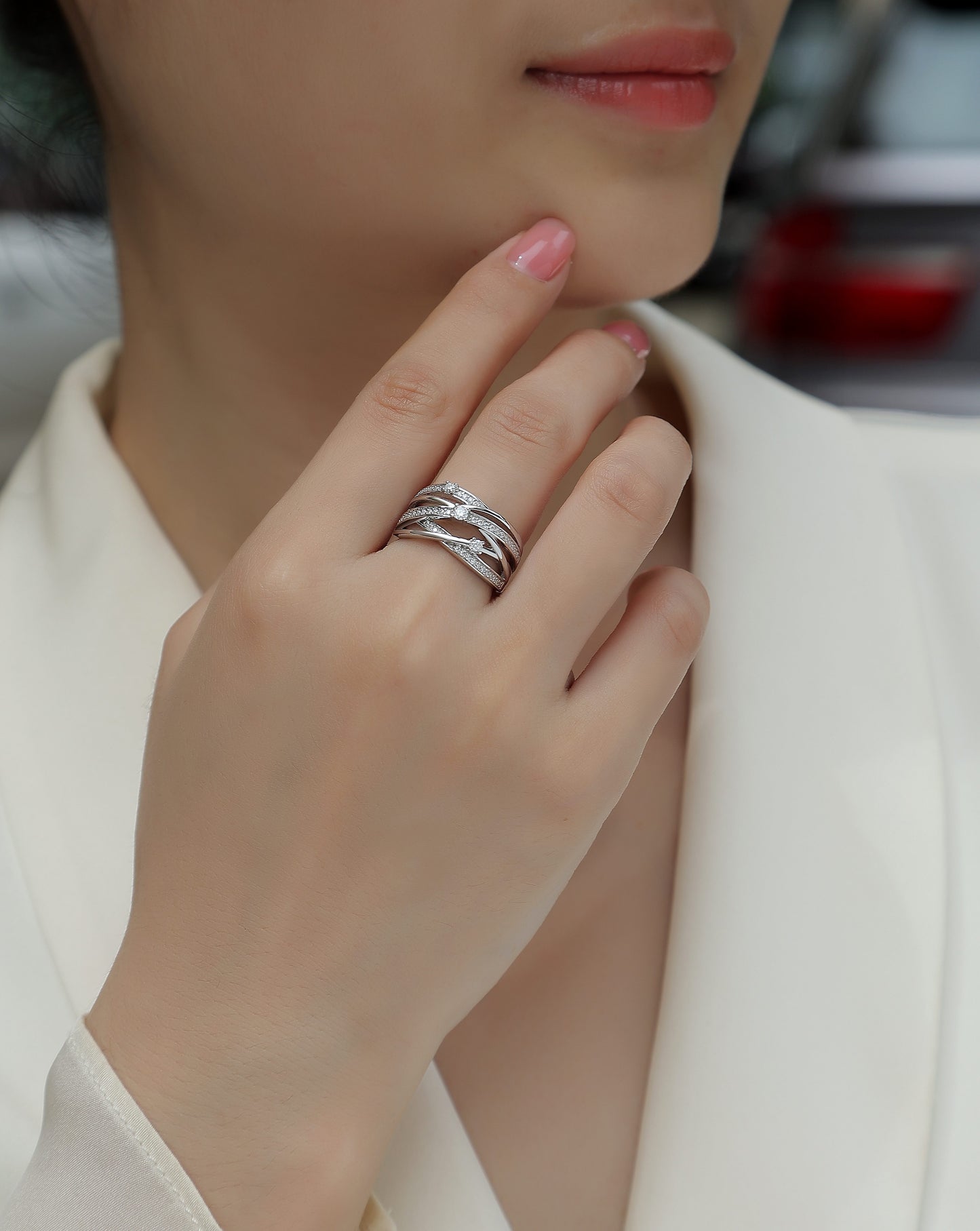 Moissanite Sterling Silver Wedding Ring - Platinum Plated Band