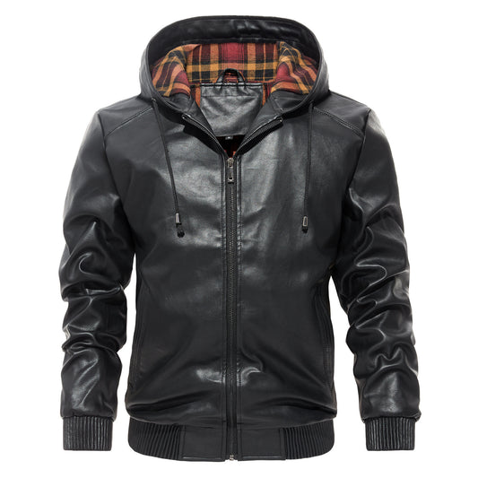 Men's Hooded Leather Jacket - Casual Zip-Up Coat