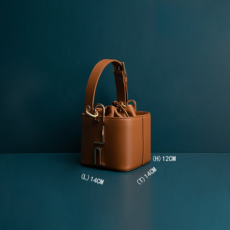 Cowhide Leather Bucket Bag - European American Fashion Handbag with Zipper Closure