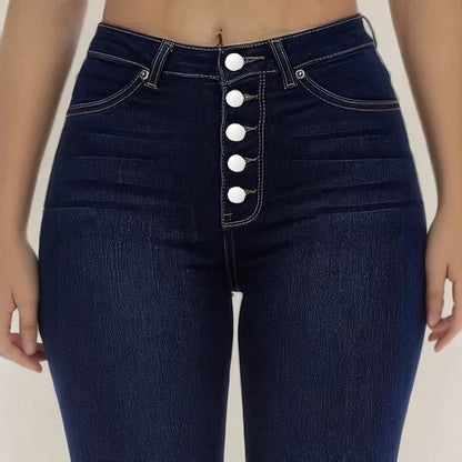 Women's High-Waisted Stretchy Multi-Button Skinny Jeans - Slim Fit Denim Pants