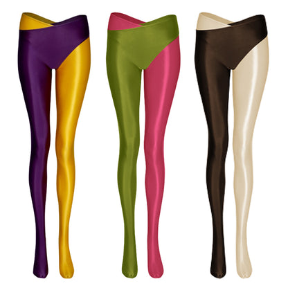 Crossed Two-Color Split-Leg Glossy Pants - Women's High Waist Nylon Leggings