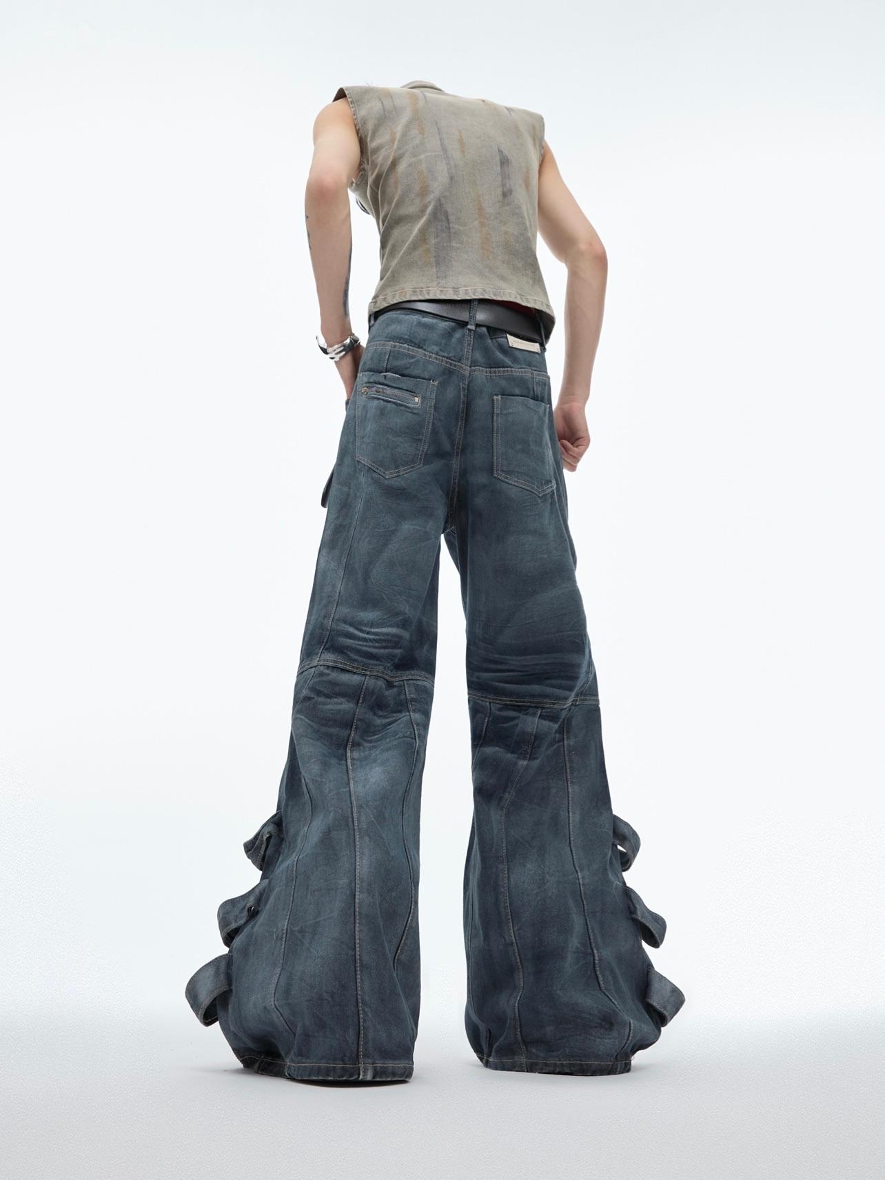 Men's Pleated Washed Straight Jeans - Casual Cotton Blend Denim Pants