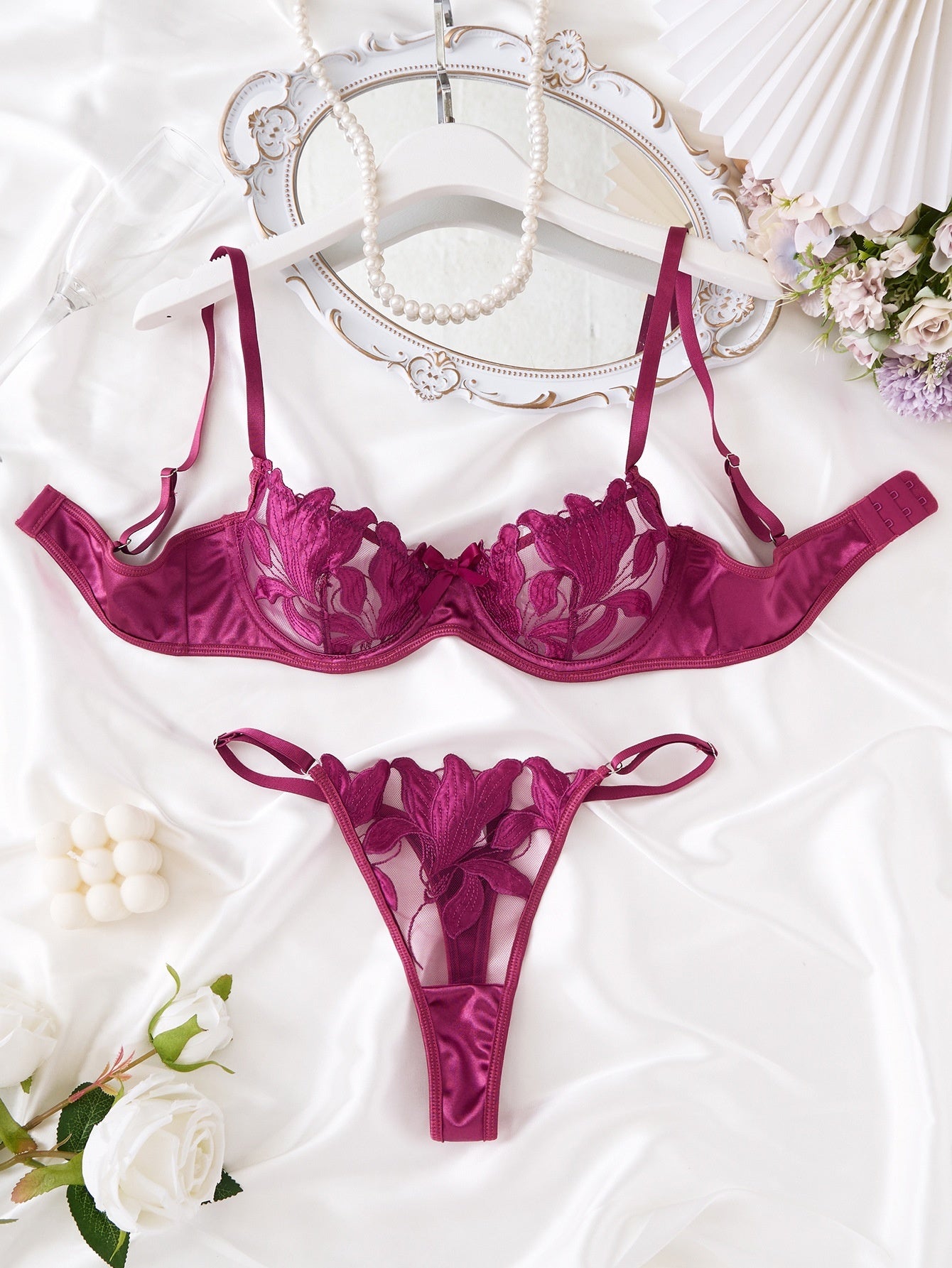 Women's Lace Embroidery Mesh Bra and Panty Set - 3/4 Cup Lingerie Set