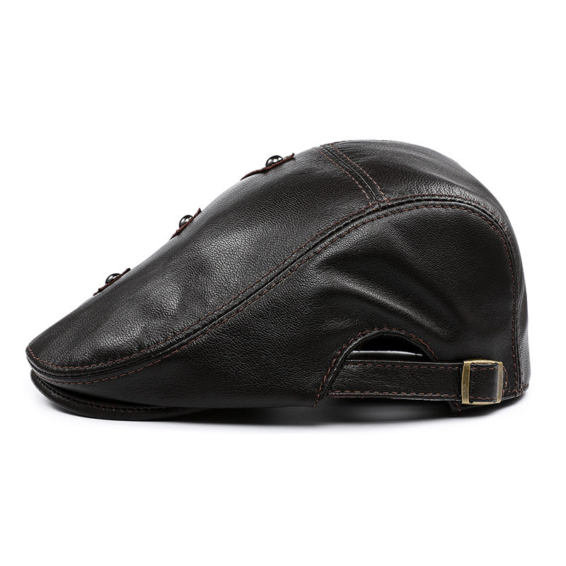 Men's Genuine Cowhide Leather Beret - Embroidered Flat Cap for Autumn & Winter