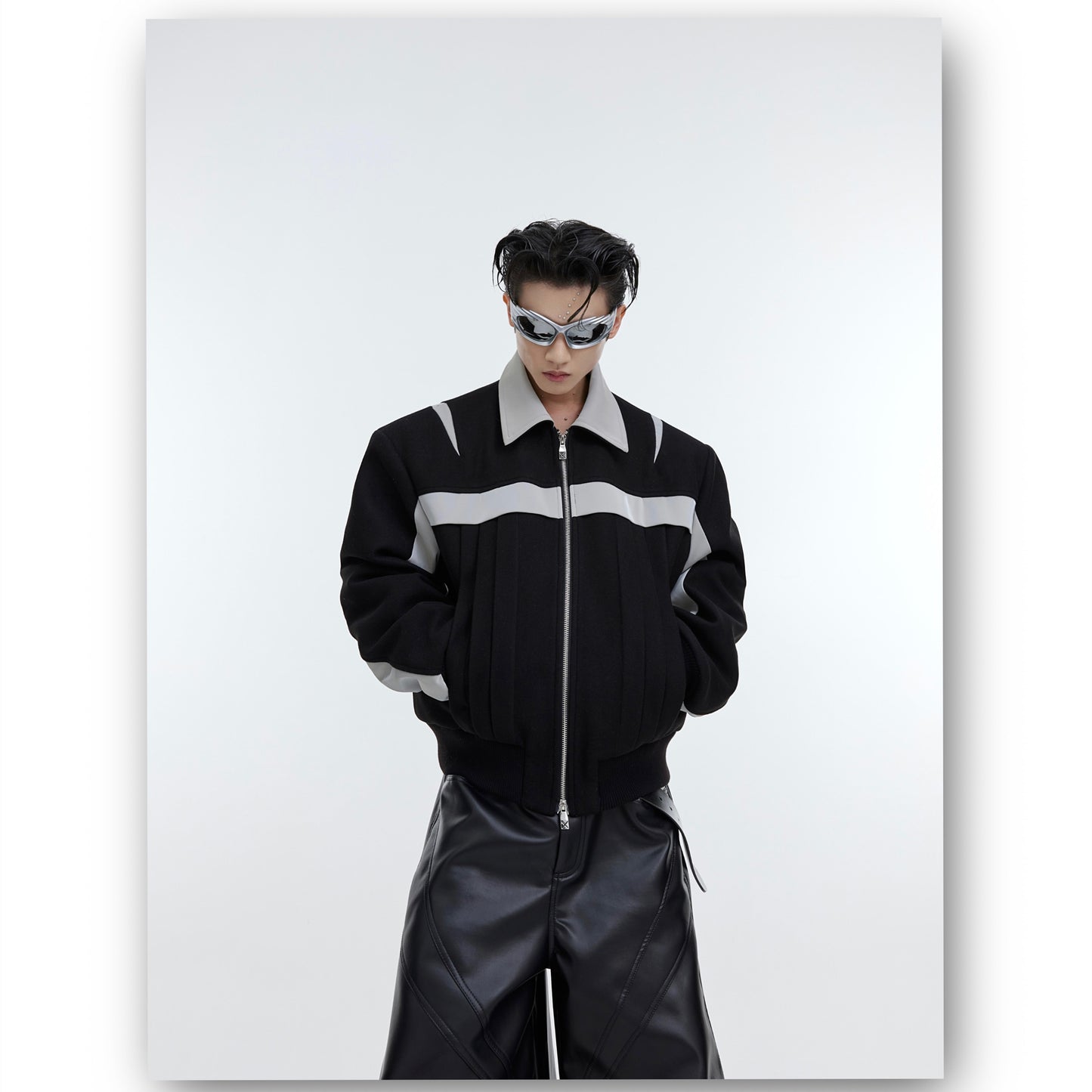 Color Block PU Leather & Wool Composite Jacket - Contemporary Style