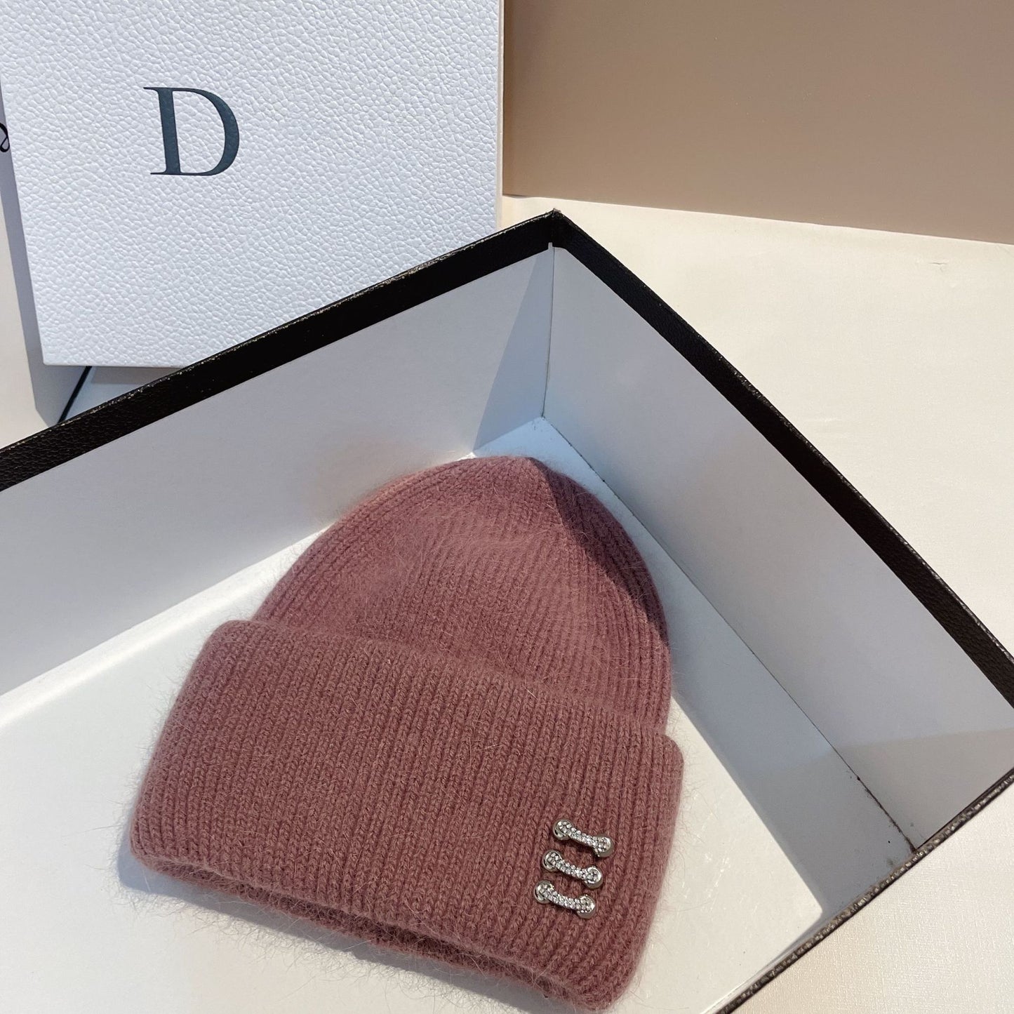 Women's Rabbit Fur Knitted Hat with Buckle - Winter Dome Crown Beanie