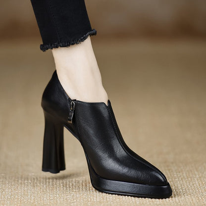 Vintage Chunky Heel Pointed Toe Pumps - Women's High Heel Shoes with Zipper