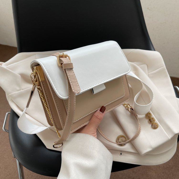 PU Leather Chain Shoulder Bag - Small Square Crossbody with Wide Strap