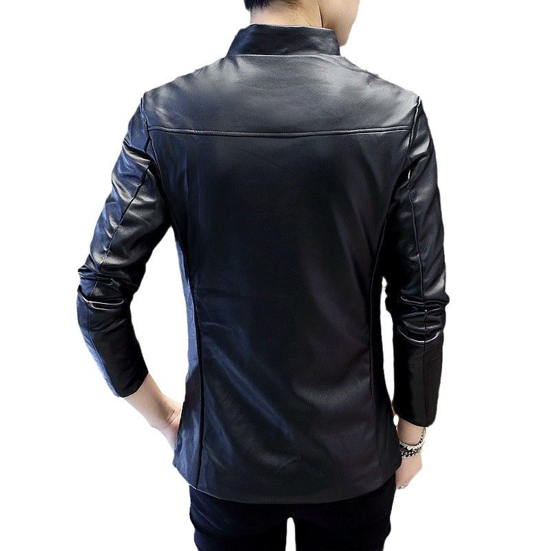 Men's Genuine Leather Stand Collar Jacket - Korean Style Youth Biker Coat