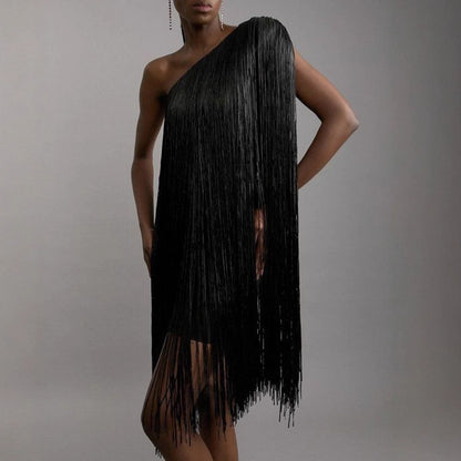 Sleeveless Asymmetric Tassel Midi Dress | Mid-Rise Party Dress