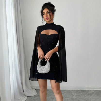 Women's Round-Neck Ribbed Pearl Chiffon Cape Bodycon Dress - Elegant Mini Dress