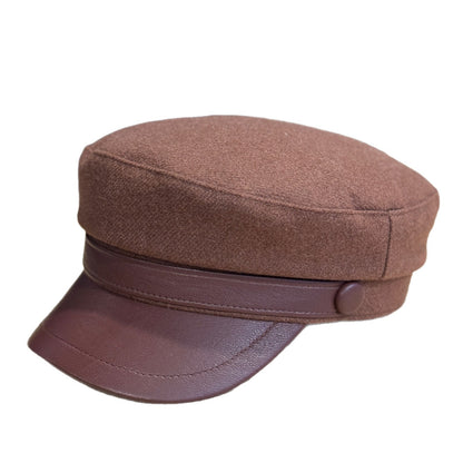 Retro PU Leather Flat-Top Wool Hat - Adjustable Winter Cap