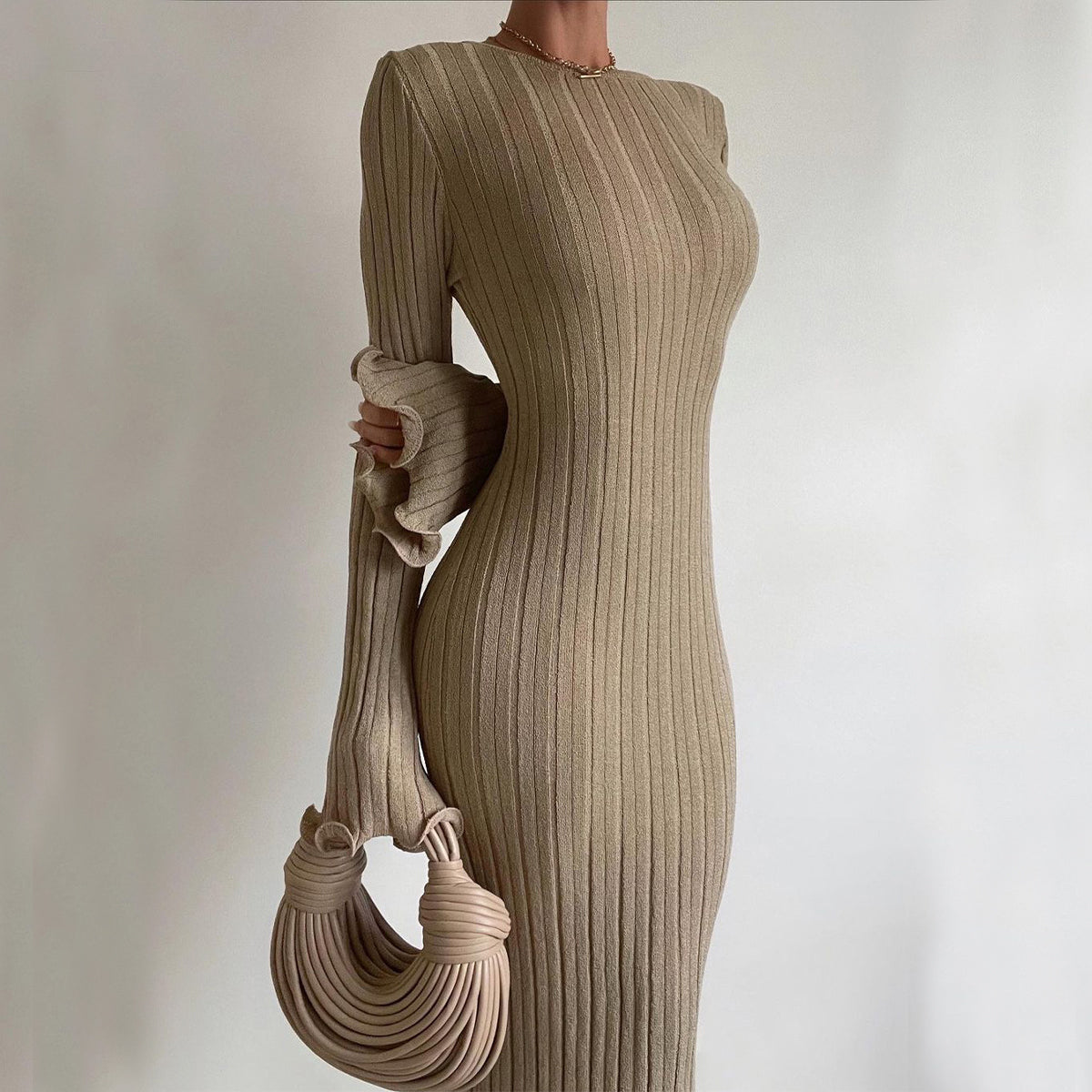High Waist A-Line Maxi Dress - Long Sleeve Cotton Knit Dress