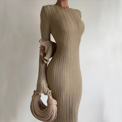 High Waist A-Line Maxi Dress - Long Sleeve Cotton Knit Dress