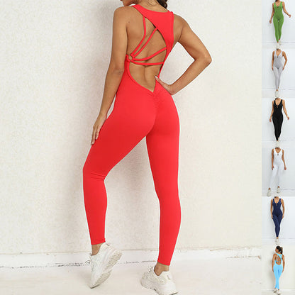 Women's High-Waist Yoga Jumpsuit - V-Back Sleeveless Athletic Bodysuit