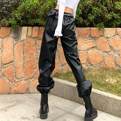 Black Textured Faux Leather Overalls - Urban Casual Pants for Women